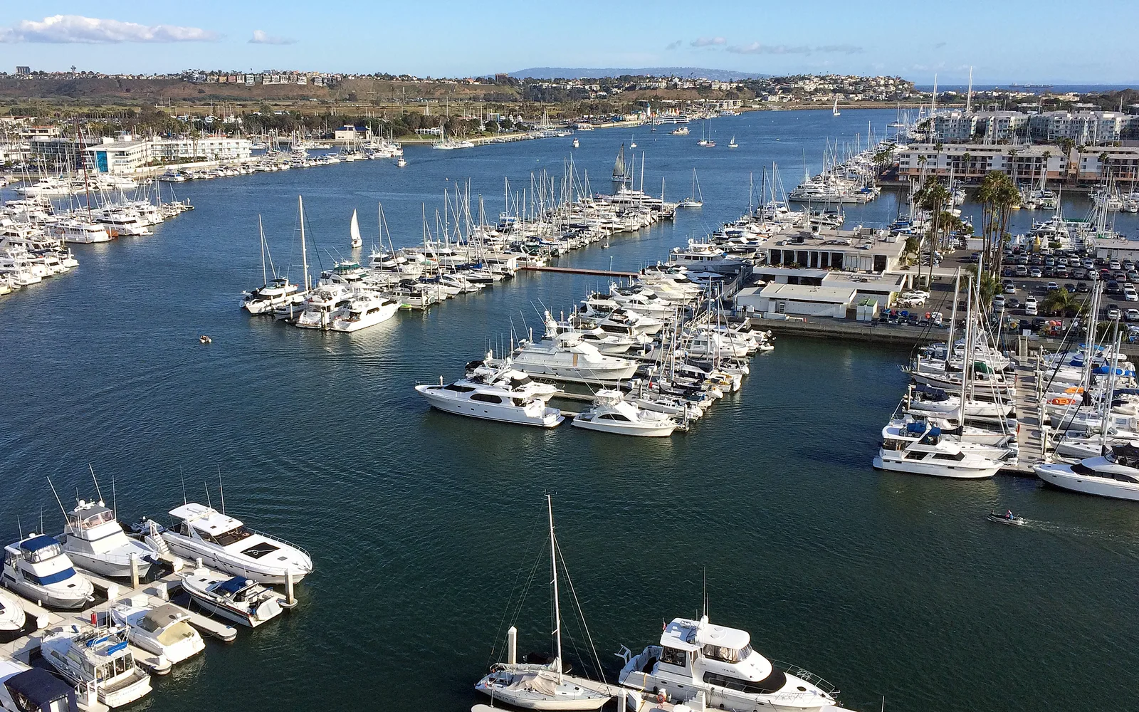Marina del Rey waterfront with boats and docked vessels in a California harbor